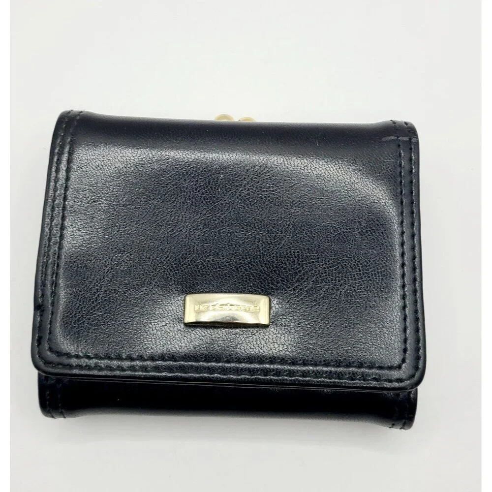 Liz Claiborne Wallet Black Women's Small Fold Out Faux Leather Kiss Lock - Picture 1 of 10